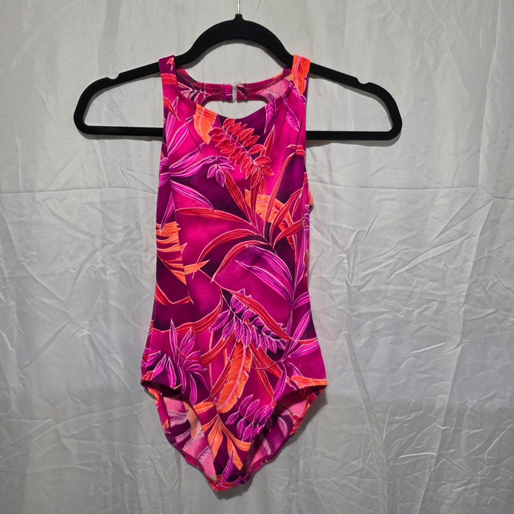 Beach Native Womens Tropical Floral High Neck One Piece Swimsuit Pink Orange 10